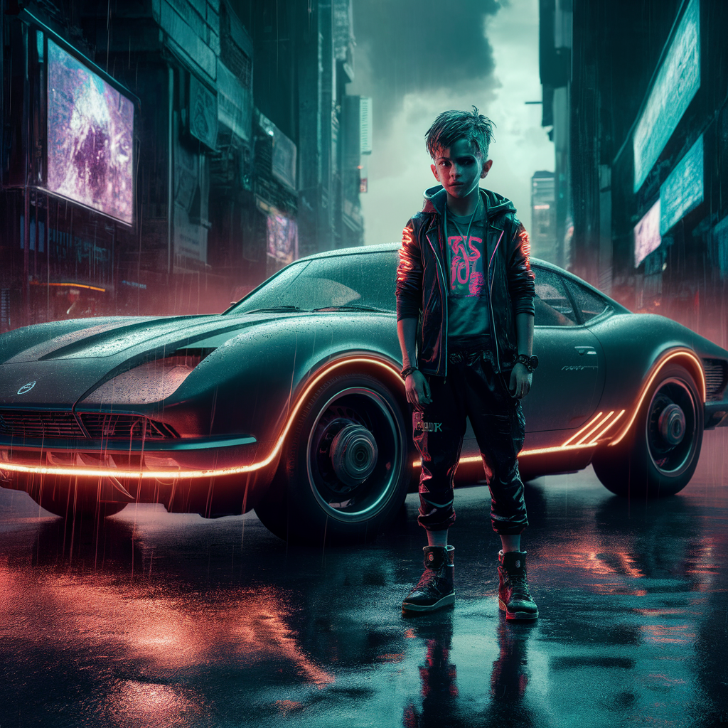 cyberpunk boy with a super cool car created by AI